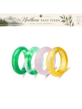 4 Pack Natural Stone Rings for Women 6mm Wide Band Crystal Style